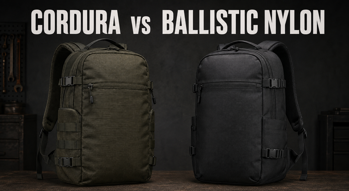 Cordura versus ballistic nylon backpacks showing matte and smooth technical fabric textures