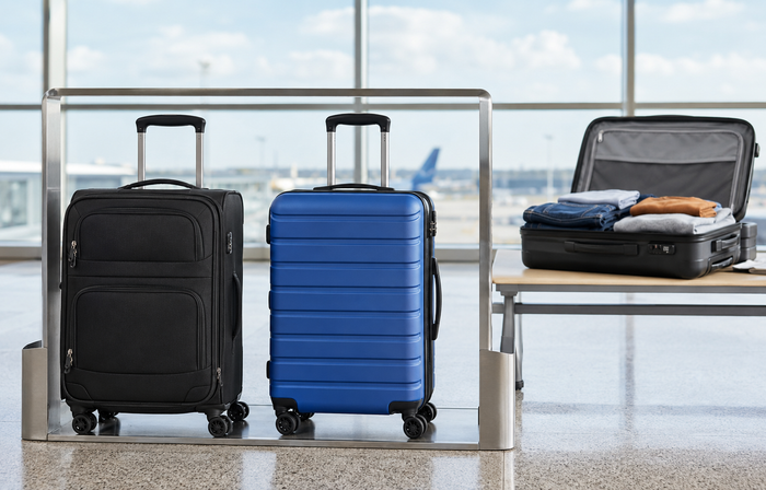 SwissGear softside and hardside carry-on suitcases in an airport luggage sizer