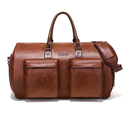 Modoker Convertible Leather Garment Bag, Carry on Garment Bags for Travel Waterproof Garment Duffel Bag Gifts for Men Women Business - 2 in 1 Hanging Suitcase Suit Travel Bags in Brown - backpacks4less.com