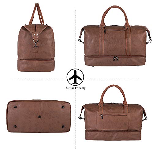 Leather Travel Bag with Shoe Pouch,Weekender Overnight Bag Waterproof Leather Large Carry On Bag Travel Tote Duffel Bag for Men or Women - backpacks4less.com