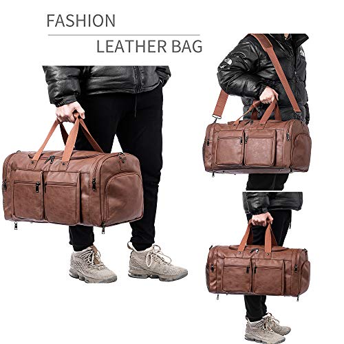Leather Travel Bag with Shoe Pouch,Weekender Overnight Bag Waterproof Leather Large Carry On Bag Travel Tote Duffel Bag for Men or Women-Brown - backpacks4less.com