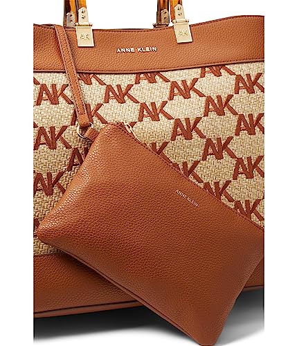 Anne Klein Large Tote in Embroidered AK Straw, Saddle-Natural/Saddle