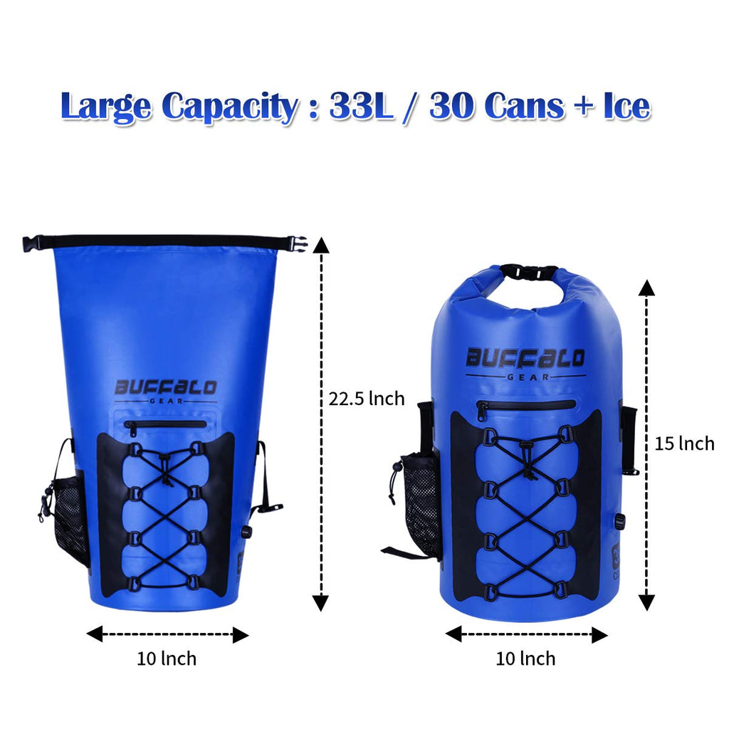 Buffalo Gear Portable Insulated Backpack Cooler Bag - Hands-free and Collapsible, Waterproof and Soft-Sided Cooler Backpack for Hiking, the Beach, Picnics,Camping,Fishing - Royal Blue,35 Liters,30 Can - backpacks4less.com