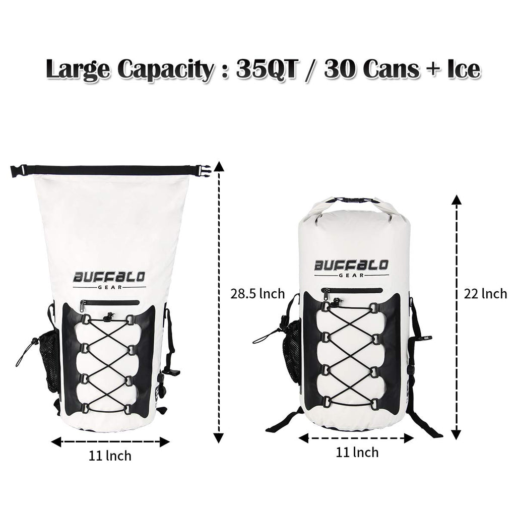 Buffalo Gear Portable Insulated Backpack Cooler Bag - Hands-Free and Collapsible, Waterproof and Soft-Sided Cooler Backpack for Hiking, The Beach, Picnics,Camping, Fishing - White,35 Liters,30 Can - backpacks4less.com