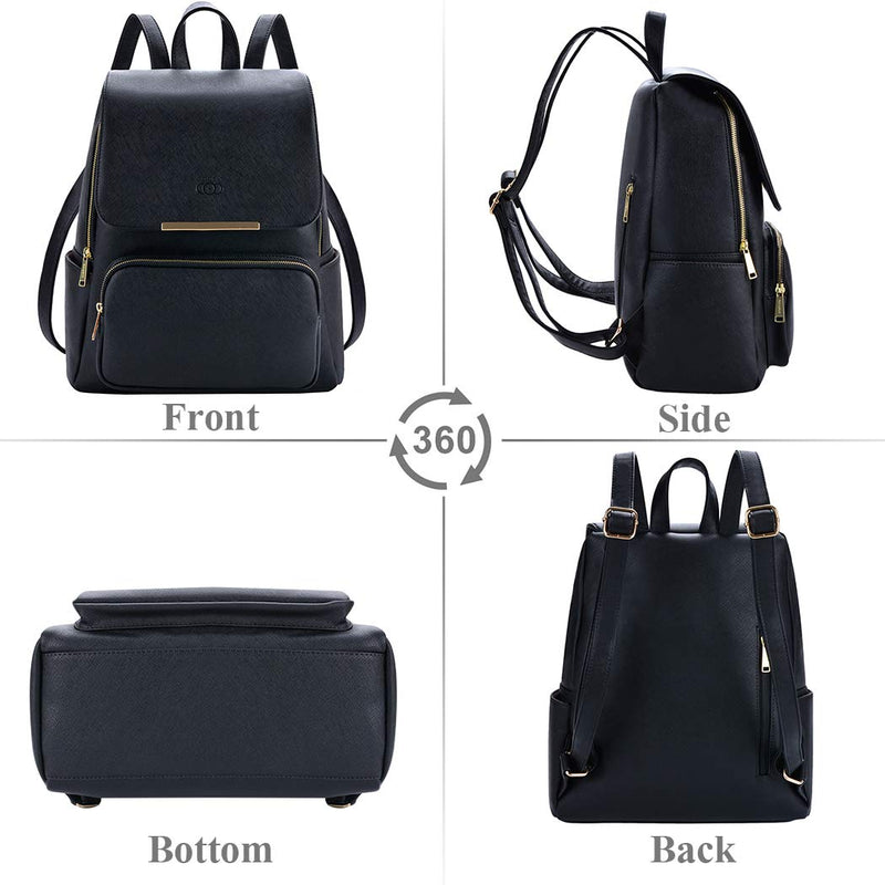 COOFIT Black Faux Leather Backpack for Women Schoolbag Casual Daypack - backpacks4less.com