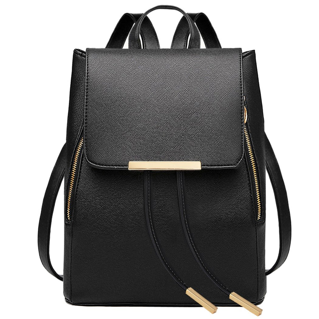 COOFIT Black Faux Leather Backpack for Women Schoolbag Casual Daypack - backpacks4less.com