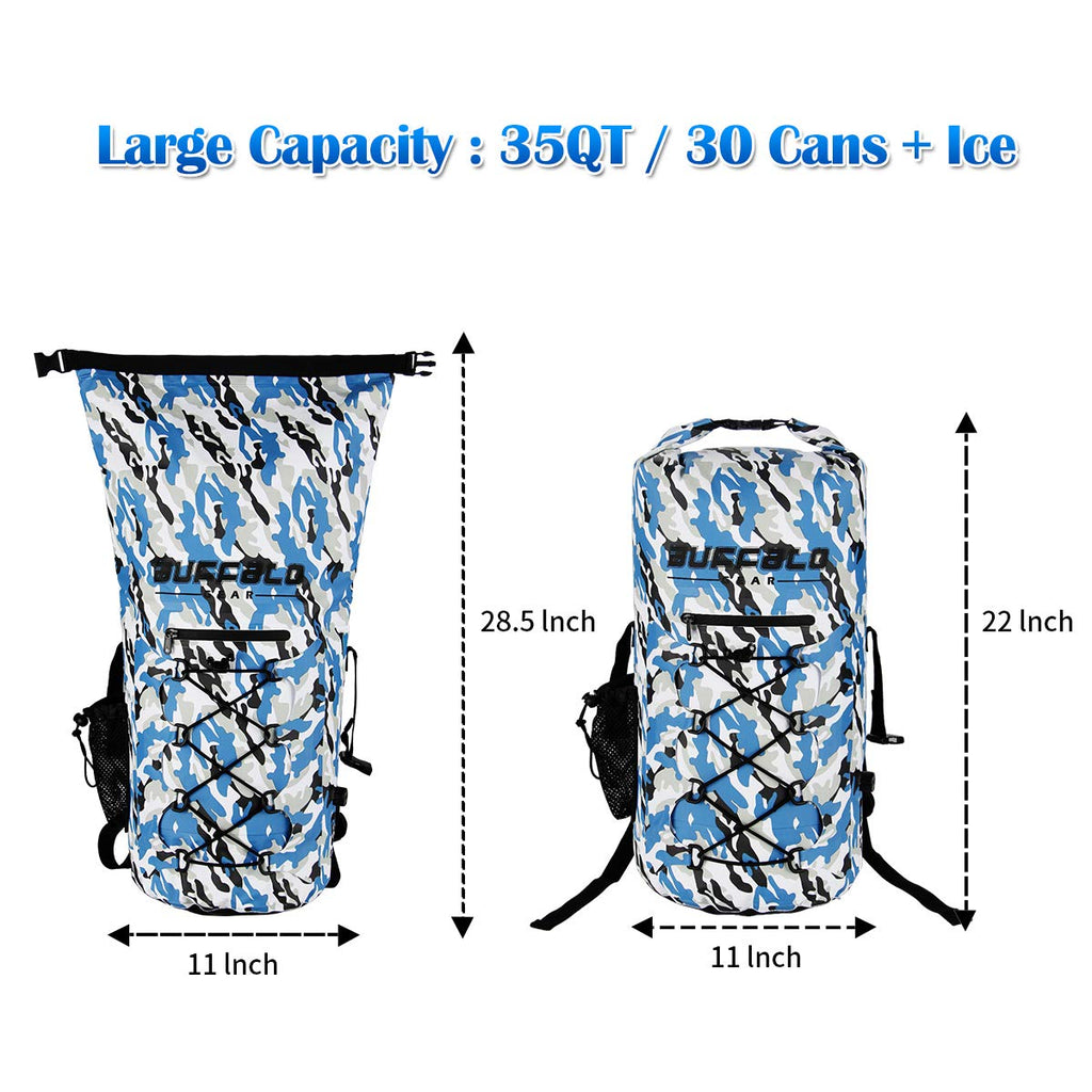 Buffalo Gear Portable Insulated Backpack Cooler Bag - Hands-Free and Collapsible, Waterproof and Soft-Sided Cooler Backpack for Hiking, Picnics,Camping, Fishing - Camouflage,35 Liters,30 Can - backpacks4less.com