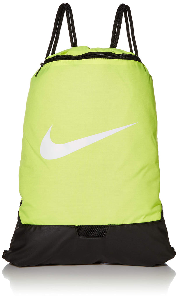 Nike Brasilia Training Gymsack, Drawstring Backpack with Zipper Pocket and Reinforced Bottom, Volt/Volt/Black - backpacks4less.com