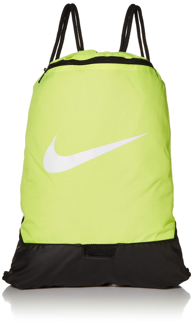 Nike Brasilia Training Gymsack, Drawstring Backpack with Zipper Pocket and Reinforced Bottom, Volt/Volt/Black - backpacks4less.com