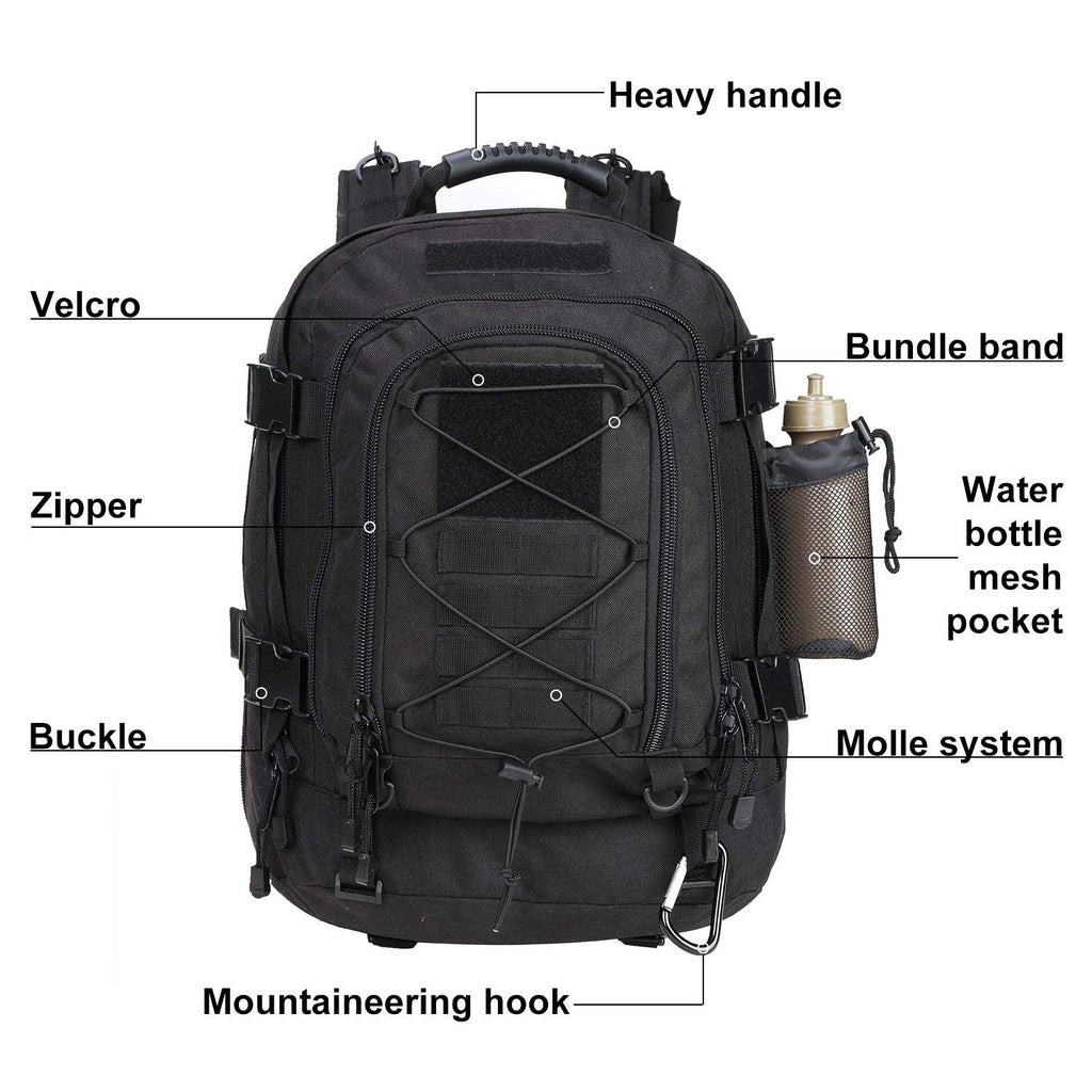Military Expandable Travel Backpack Tactical Waterproof Work Backpack for Men(BLACK) - backpacks4less.com