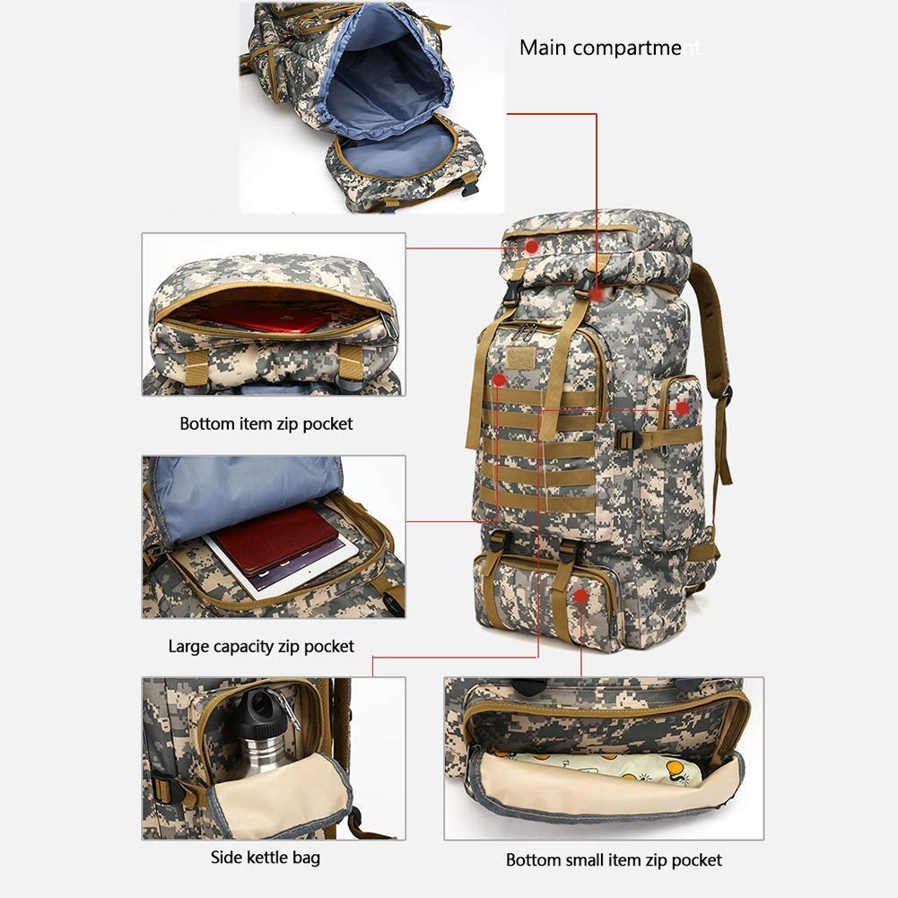 WintMing 70L Large Camping Hiking Backpack Tactical Military Molle Rucksack for Trekking Traveling Oxford Waterproof Mountaineering Pack Large Daypack for Men (Camouflag-B) - backpacks4less.com