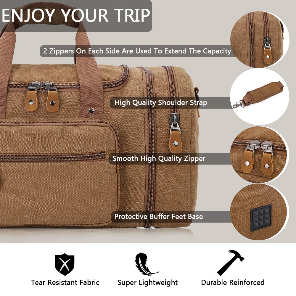 Plambag Canvas Duffle Bag for Travel, 50L Duffel Overnight Weekend Bag(Coffee) - backpacks4less.com
