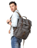 Kattee Men's Leather Canvas Backpack Large School Bag Travel Rucksack Gray - backpacks4less.com