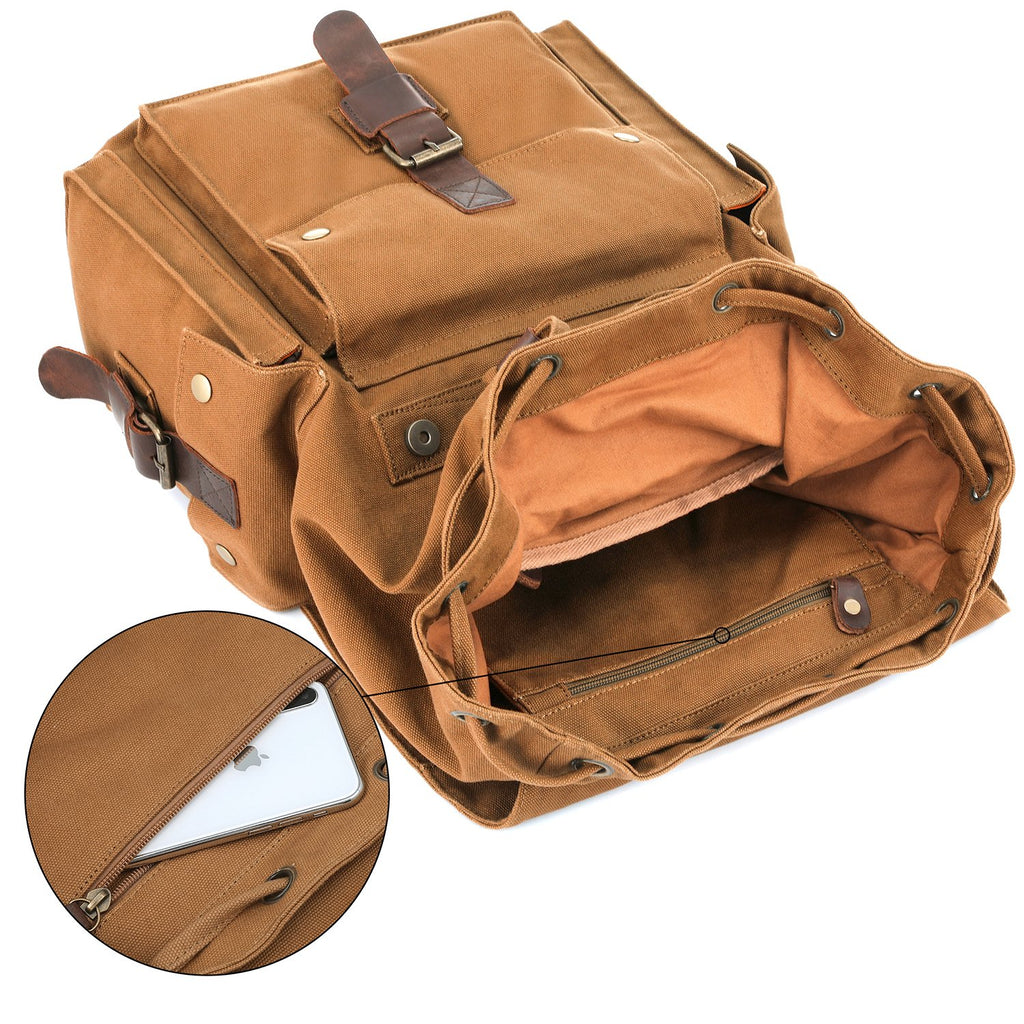 Kattee Men's Leather Canvas Backpack Large School Bag Travel Rucksack Khaki - backpacks4less.com