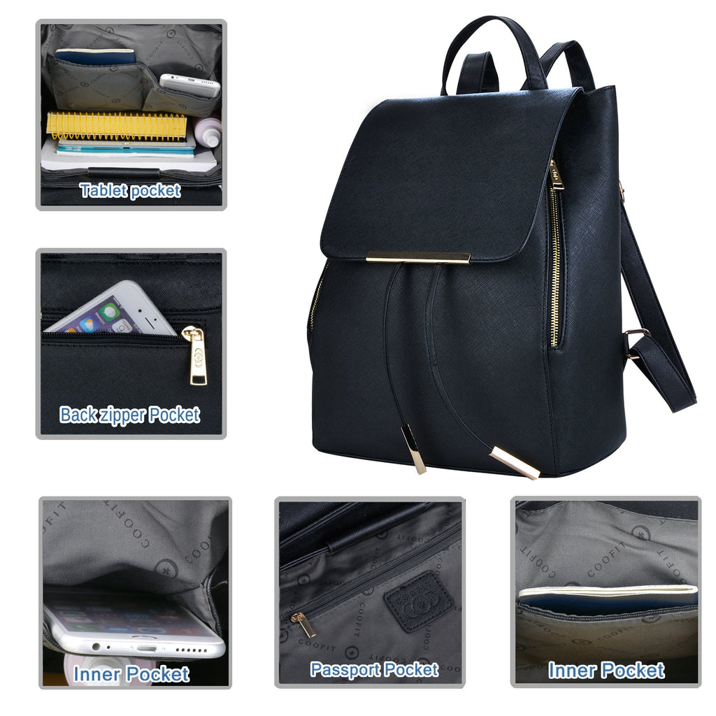COOFIT Black Faux Leather Backpack for Women Schoolbag Casual Daypack - backpacks4less.com
