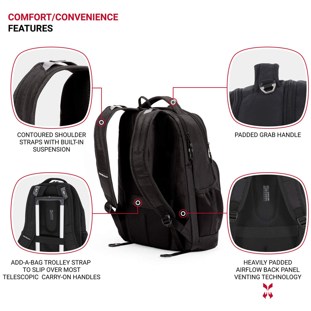 SWISSGEAR Large Padded 15-inch Laptop Backpack | Work, School, Commute | Men's and Women's - Black - backpacks4less.com