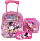 Disney mini Minnie Mouse Medium Rolling Backpack, lunch Box and fashion glasses School Set -
