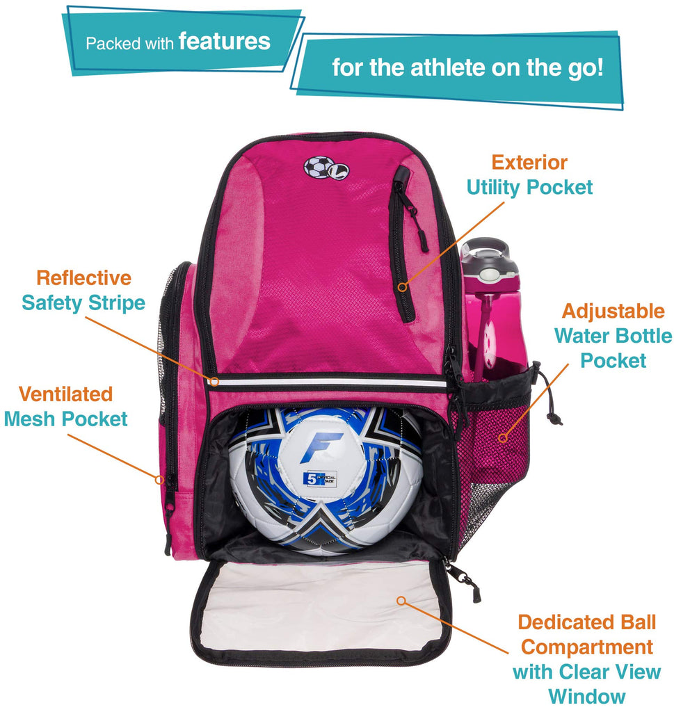 LISH Soccer Backpack - Large School Sports Gym Bag w/ Ball Compartment (Pink) - backpacks4less.com