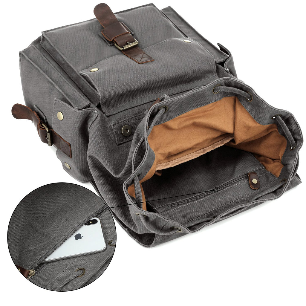 Kattee Men's Leather Canvas Backpack Large School Bag Travel Rucksack Gray - backpacks4less.com