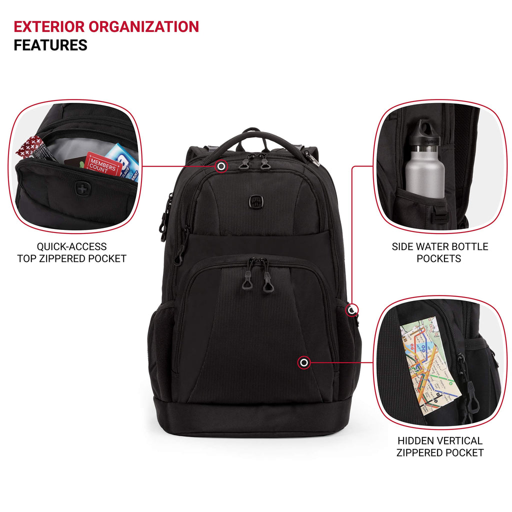 SWISSGEAR Large Padded 15-inch Laptop Backpack | Work, School, Commute | Men's and Women's - Black - backpacks4less.com