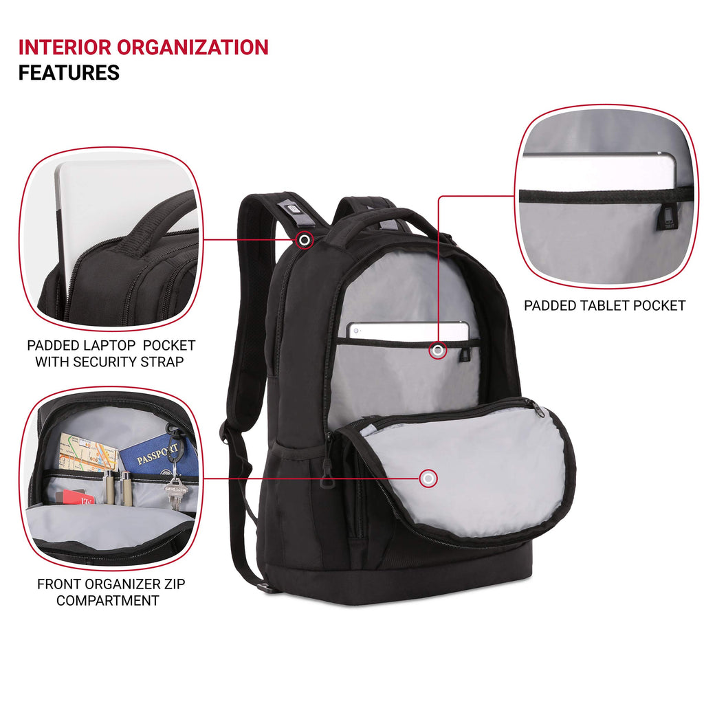 SWISSGEAR Large Padded 15-inch Laptop Backpack | Work, School, Commute | Men's and Women's - Black - backpacks4less.com
