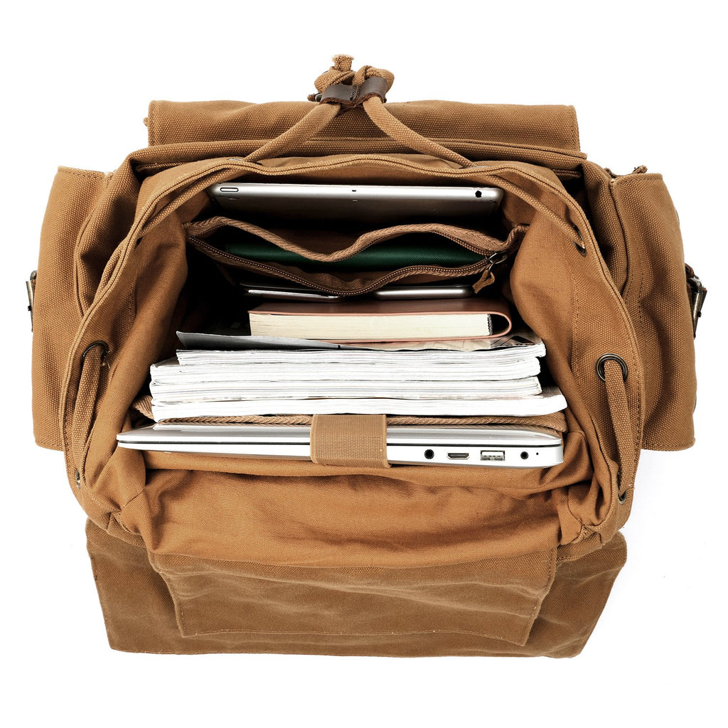 Kattee Men's Leather Canvas Backpack Large School Bag Travel Rucksack Khaki - backpacks4less.com