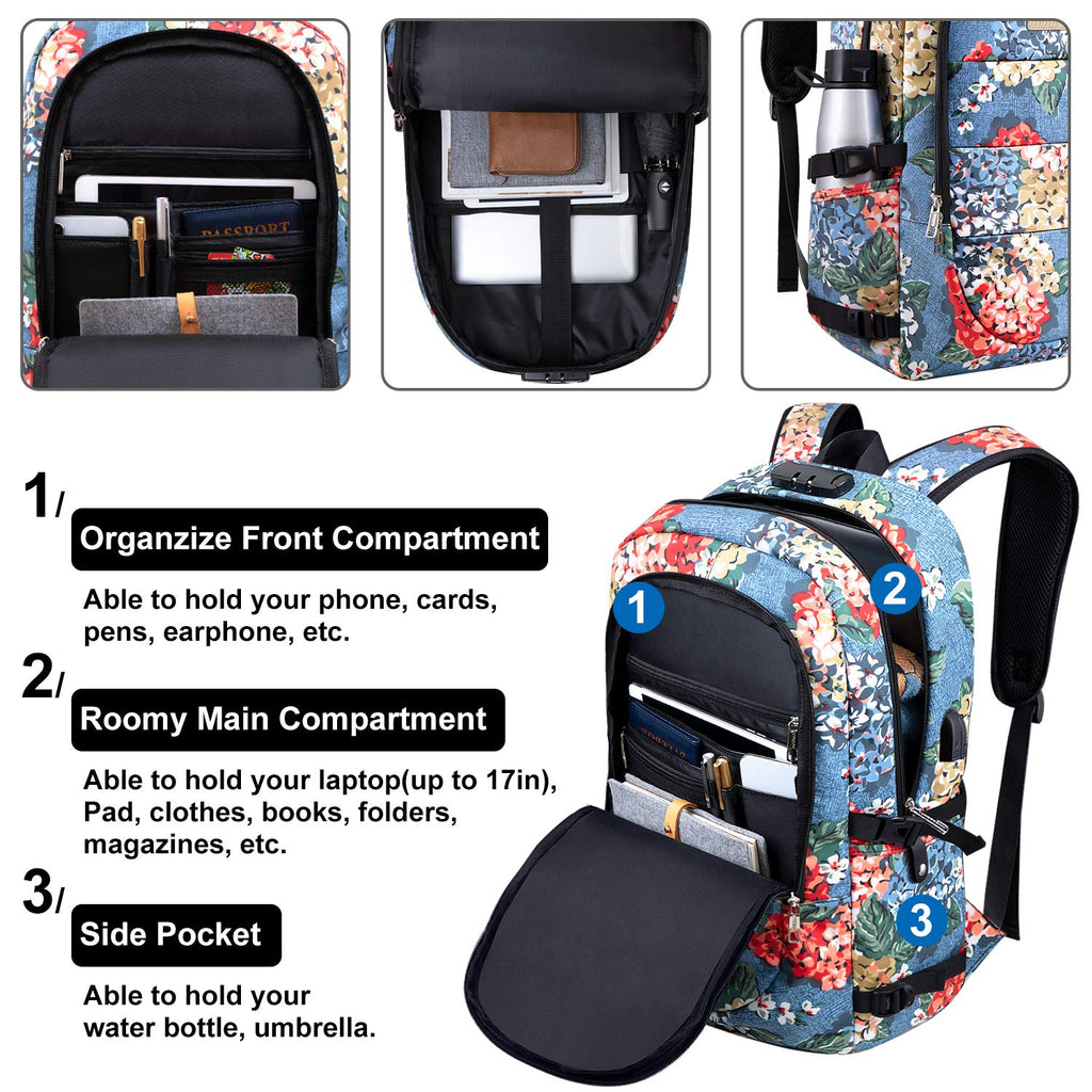 Business Laptop Backpack, 17.3 Inch Stylish Computer Backpack for Women Girls with USB Port and Lock, Water Resistant College School Backpack Student Daypack Backpack for Hiking/Travel/Work-Flower1 - backpacks4less.com