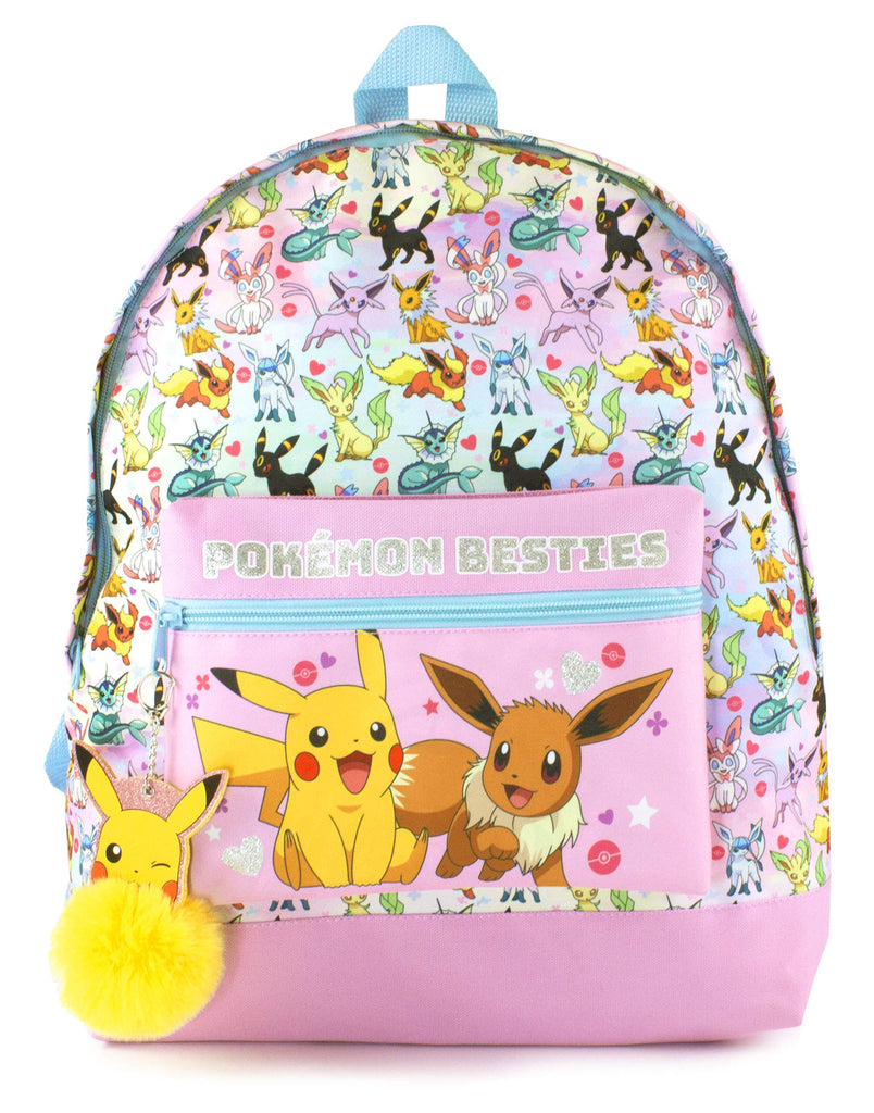 Pokemon Girls Pink Glitter School Backpack | Eevee Besties Design with Pikachu Pom Pom Keyring | Organized Storage