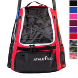 Athletico Baseball Bat Bag - Backpack for Baseball, T-Ball & Softball Equipment & Gear for Youth and Adults | Holds Bat, Helmet, Glove, Shoes |Shoe Compartment & Fence Hook (Red)