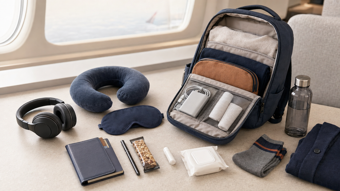 Long-haul flight essentials arranged around an organized travel backpack