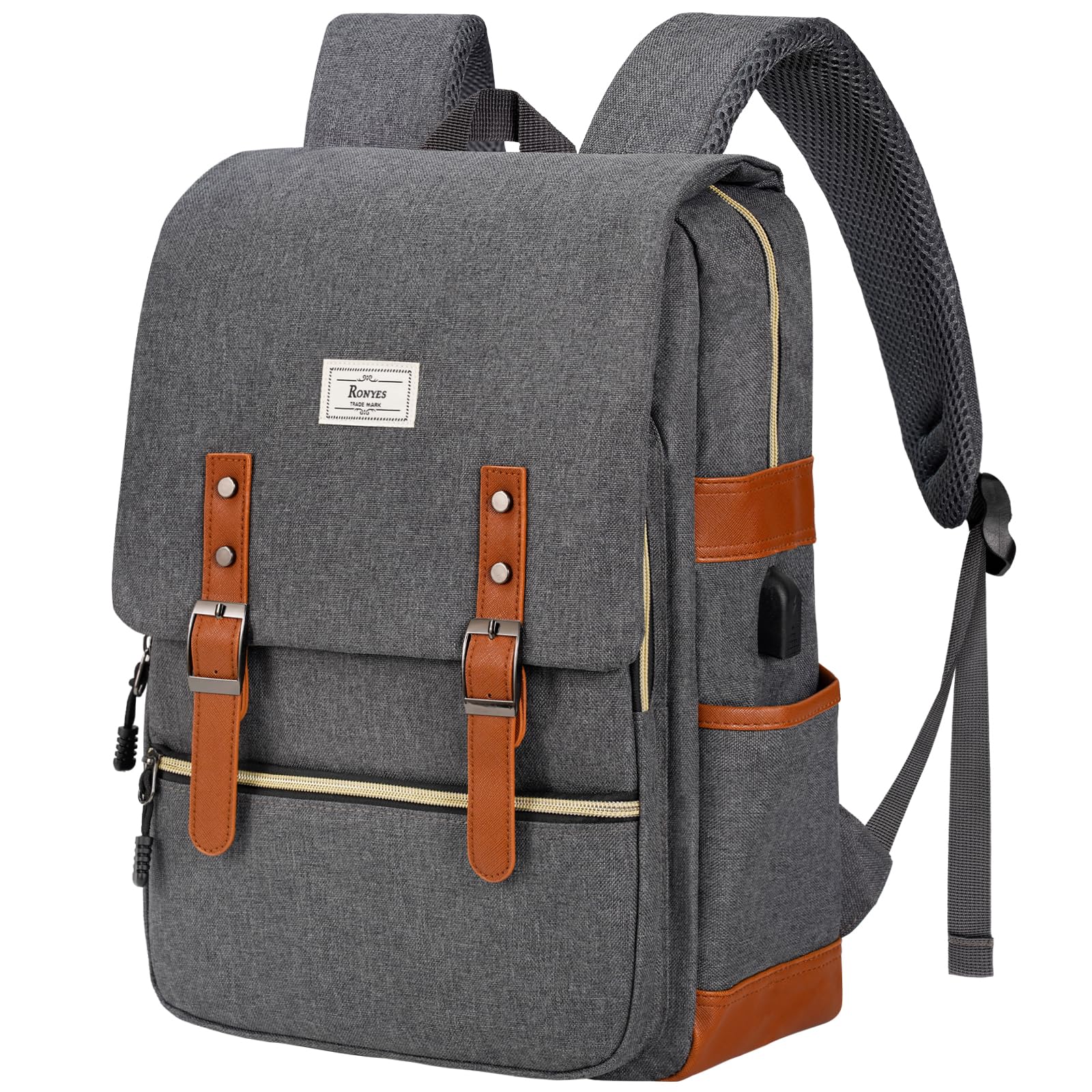 Grey Ronyes vintage laptop backpack with front pockets