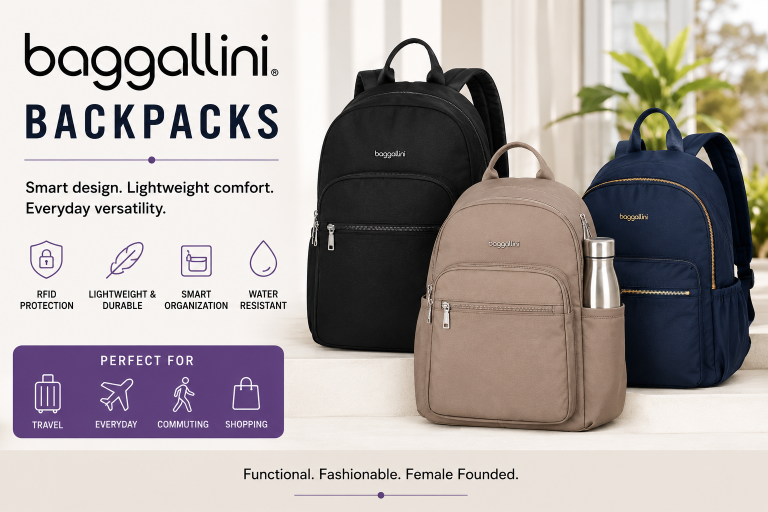 Baggallini backpacks with lightweight organization RFID protection water-resistant designs and travel-ready storage