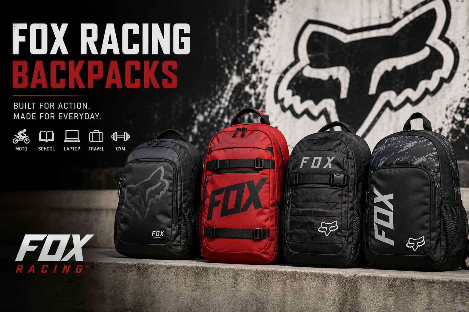 Fox Racing backpacks collection featuring moto-inspired backpacks, school bags, travel backpacks, laptop bags, gym bags, and action sports backpack styles.