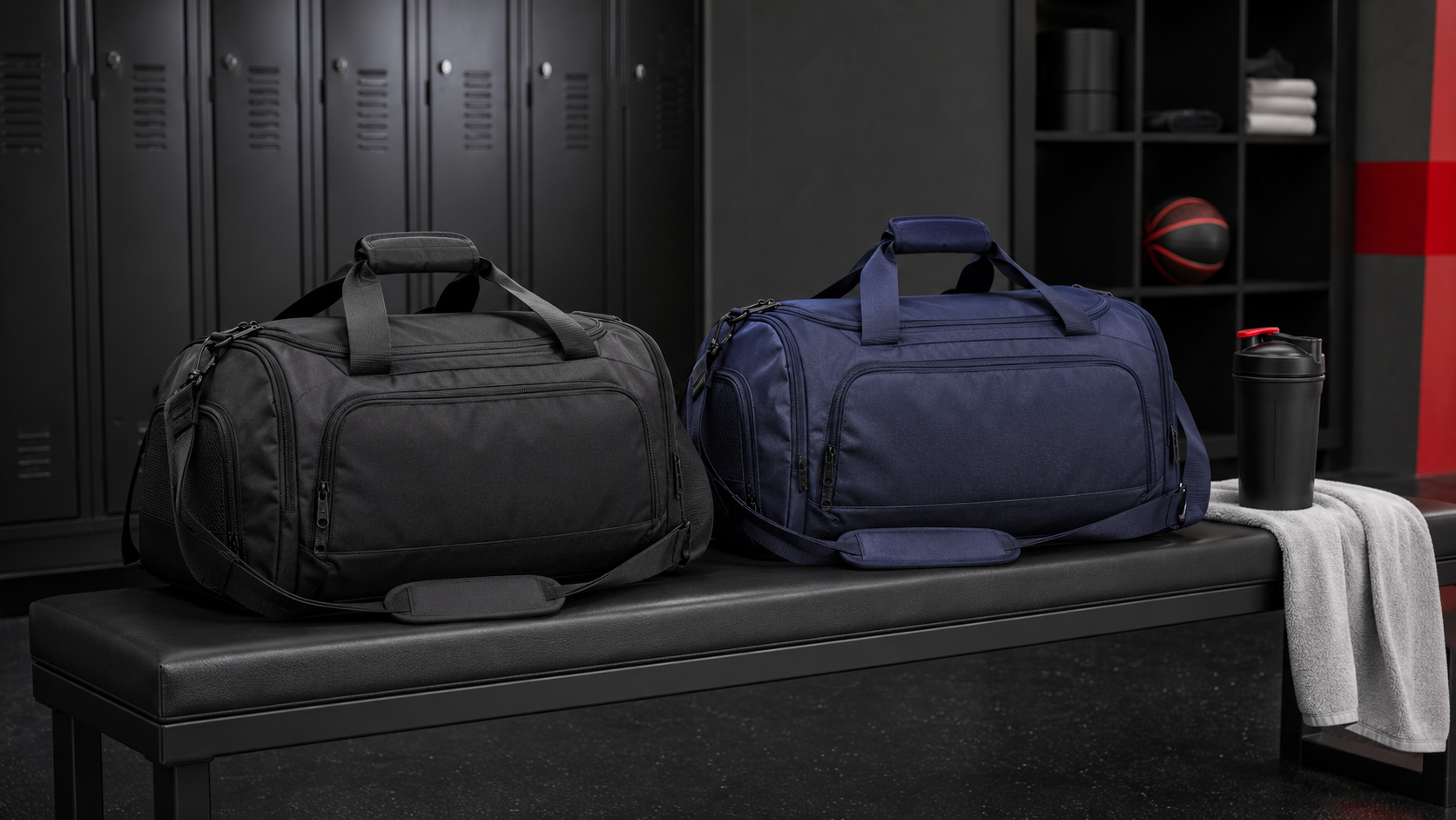 Nike-style athletic duffel bags in a modern locker room