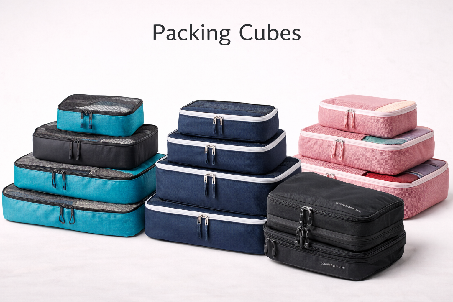 Travel accessories including packing cubes, toiletry bags, luggage tags, and organizers