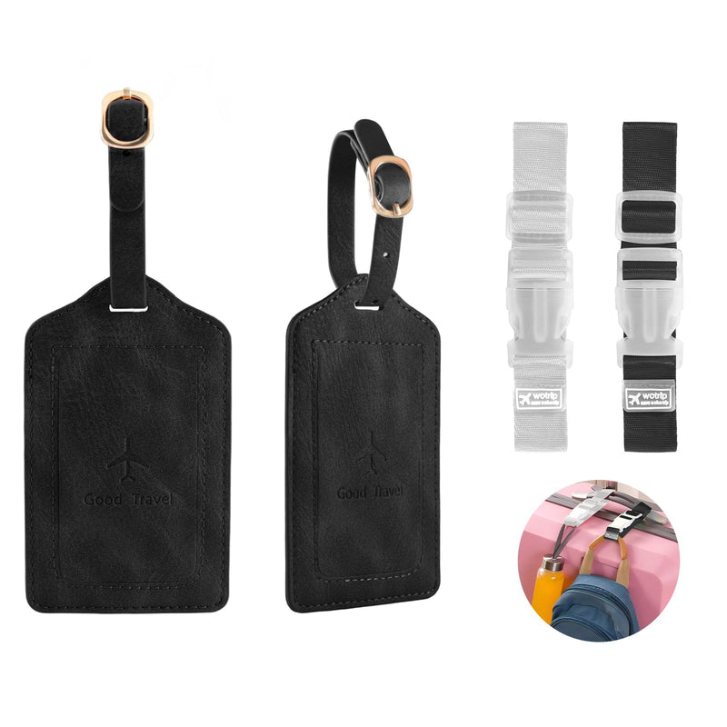 1 Pack Luggage Tag, PU Leather Suitcase Tags Identifiers Privacy Cover ID Label for Travel Bag Suitcase with 2 Pack Luggage Straps for Hats, Bags and Travel Accessories Clip(L - Black)