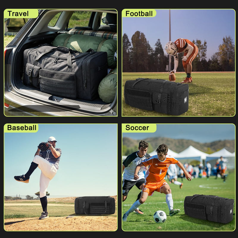 100L Sports Duffle Bag – 32" Large Gear Bag for Men & Youth, Baseball, Soccer & Track Equipment, Heavy Duty Travel Weekender & Flight Duffel with Large Side Pockets (Black)