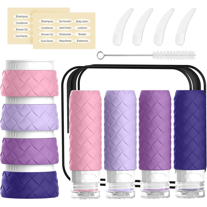 16 Pack Travel Bottles for Toiletries, TSA Approved Travel Size Toiletries Containers Set, BPA - Free Silicone Leak Proof Refillable Bottles Stackable Creams Jars Accessories Kit W/Clear Bag(Purple)