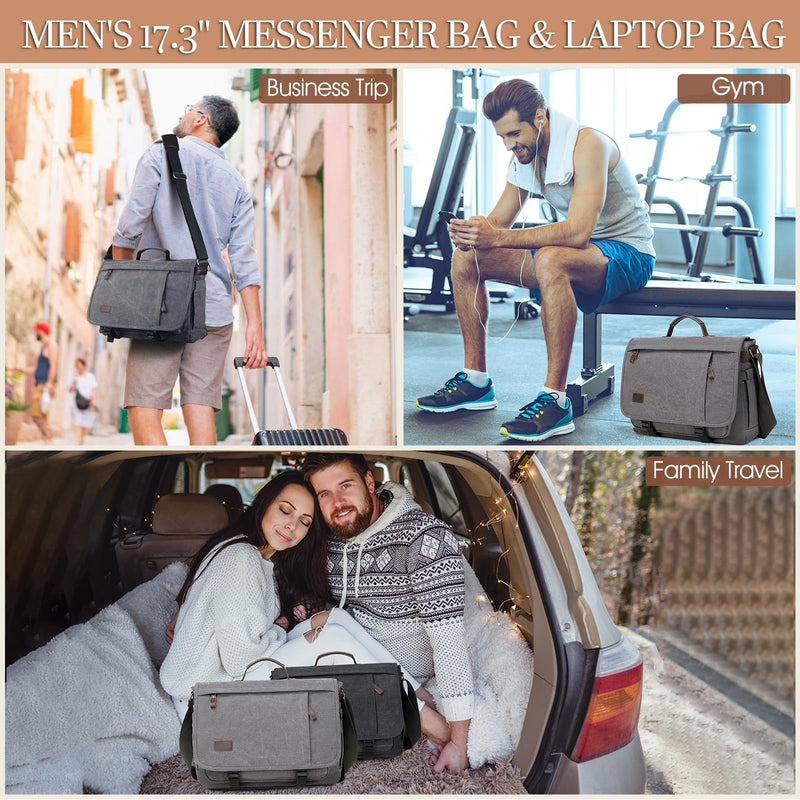 17.3 Inch Messenger Bag for Men: 2PCS Laptop Work PU Leather Canvas Briefcase Carry On Large Computer for Office College Travel (Grey)
