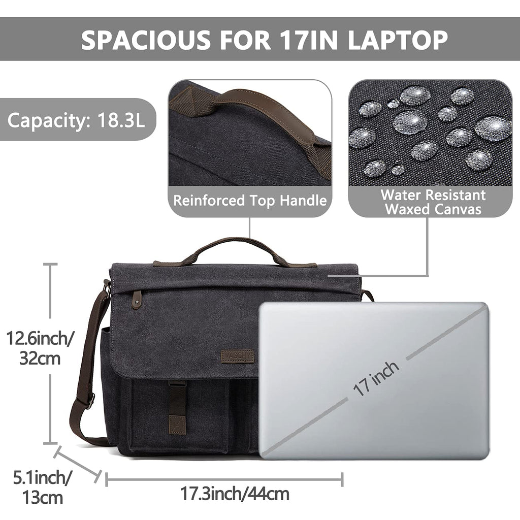 17inch Laptop Messenger Bag, VASCHY Men's Vintage Water Resistant Canvas Satchel Briefcase Shoulder Bag for Work with Padded Shoulder Strap Gray