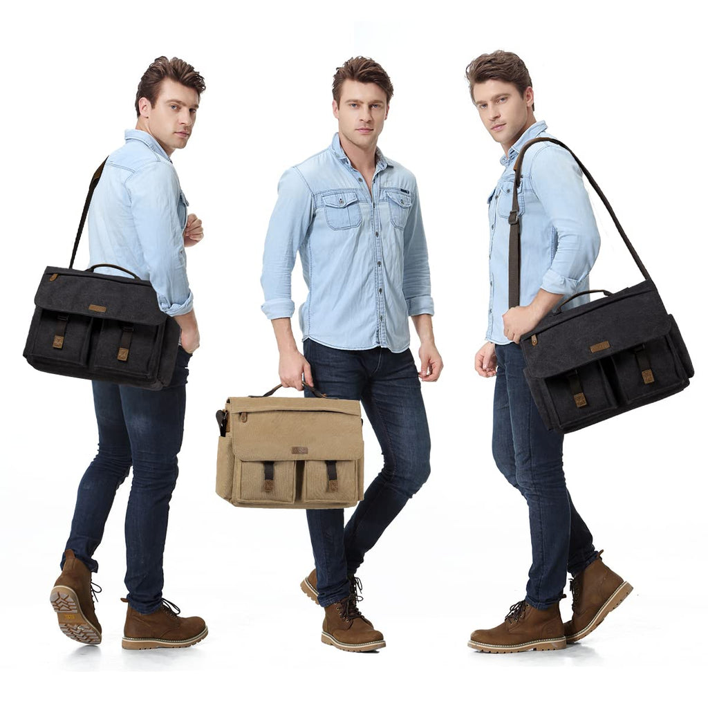17inch Laptop Messenger Bag, VASCHY Men's Vintage Water Resistant Canvas Satchel Briefcase Shoulder Bag for Work with Padded Shoulder Strap Gray