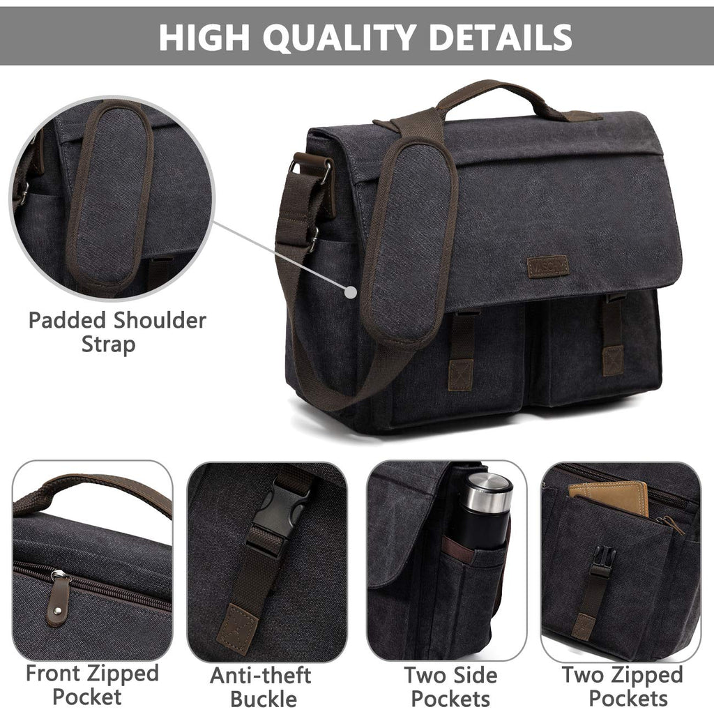 17inch Laptop Messenger Bag, VASCHY Men's Vintage Water Resistant Canvas Satchel Briefcase Shoulder Bag for Work with Padded Shoulder Strap Gray