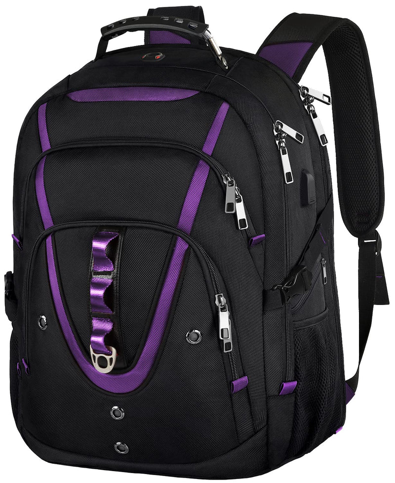 18.4 inch Travel Backpack Men Women, 55 - 60L Extra Large Laptop Backpack RFID Anti Theft TSA Friendly Flight Approved Backpacks, Water Resistant College School Heavy Duty With USB Charging Port, Purple