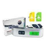 Juego de Viaje 2 en 1: Báscula de Equipaje + 2 Etiquetas de Silicona, Nombre y Teléfono Escribibles para Prevenir Pérdidas, Capacidad de 50 kg, Pantalla LCD, Ideal para Bolsas de Viaje