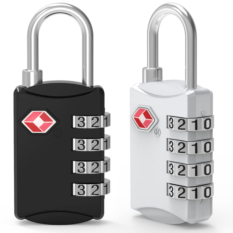 2 Pack 4 Digit TSA Luggage Locks, Diyife Outdoor Waterproof Padlock, Combination Lock for Backpack, Locker, Gate, Toolbox, High - Strength Zinc Alloy Steel - Black & White