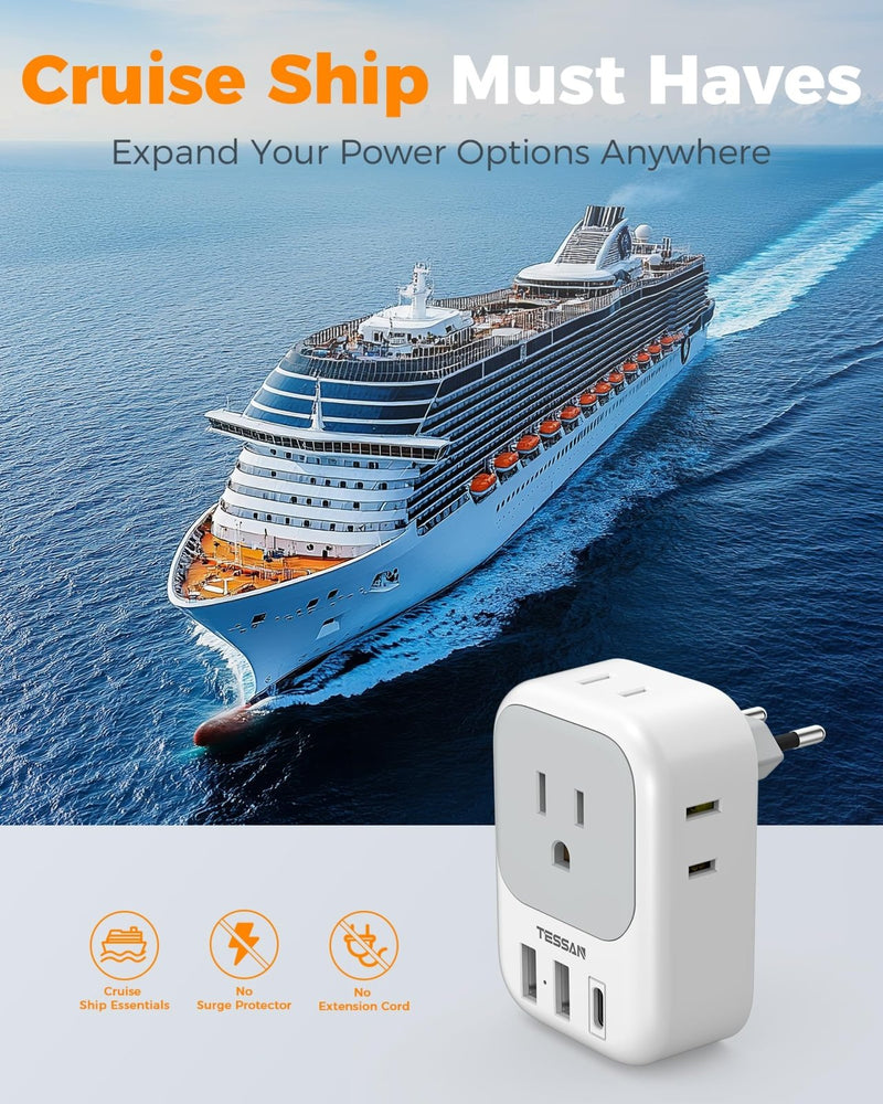 2 Pack European Plug Adapter USB C, TESSAN US to Europe Adapter 4 Outlets 3 USB Charger, Type C International Power Adaptor to Italy Spain France Portugal Iceland Germany, Europe Travel Essentials