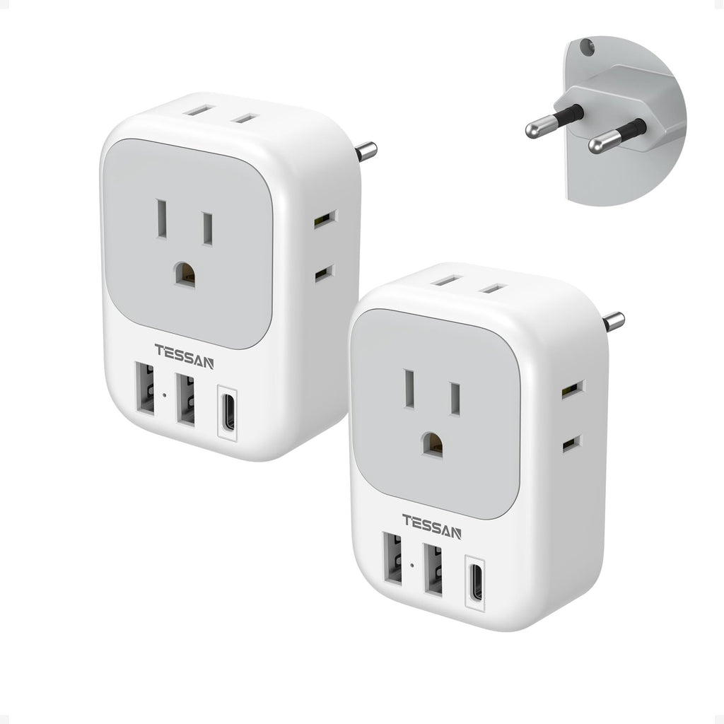 2 Pack European Plug Adapter USB C, TESSAN US to Europe Adapter 4 Outlets 3 USB Charger, Type C International Power Adaptor to Italy | Backpacks4Less