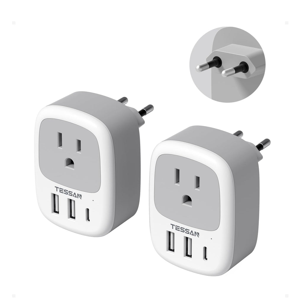 2 Pack European Travel Plug Adapter, TESSAN US to Europe Plug Adapter with 3 USB Ports (1 USB C), Type C Power Outlet for EU | Backpacks4Less