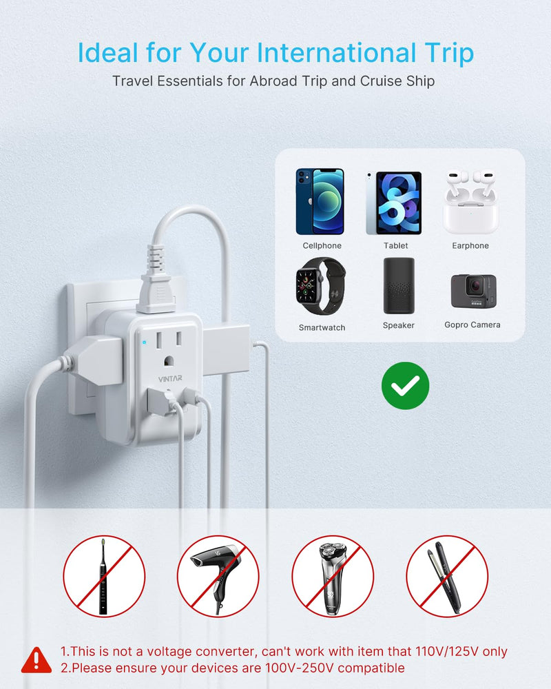 2 Pack European Travel Plug Adapter, VINTAR Foldable International Power Adapter with 4 AC Outlets 3 USB Ports(2 USB C), Type C Adaptor Charger for US to Most of Europe EU Italy Spain France Iceland