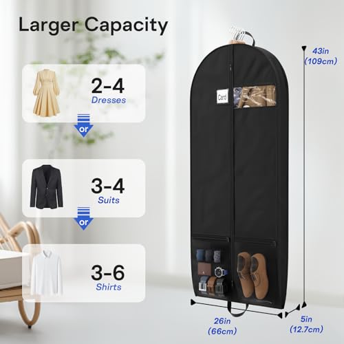 2 Pack Heavy Duty Garment Bags for Travel Suit Bags, Dress Bags, Garment Bags for Hanging Clothes with Pockets Men's Suit Holder for Cospaly, Shirts, Coats, Dresses (Black, 2Pack 43")
